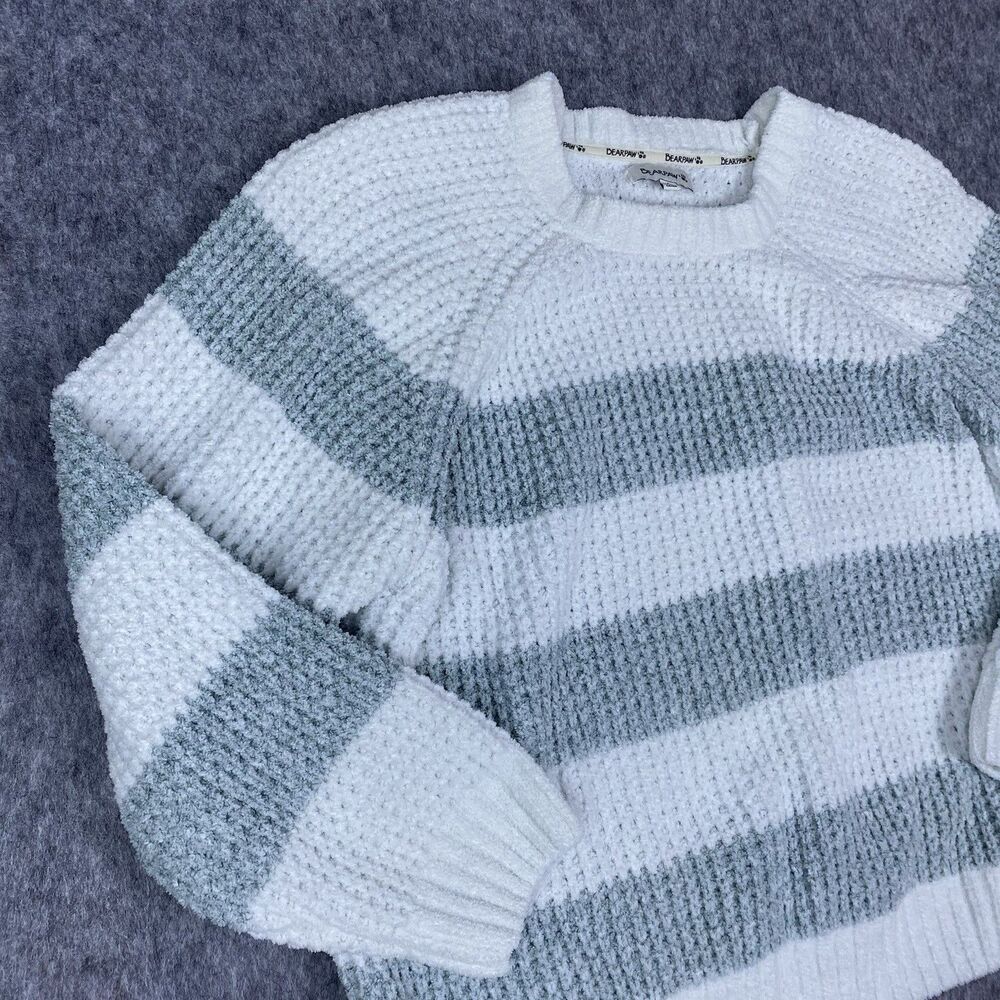 Bearpaw Women’s Chenille Sweater Chunky Knit Striped White & Gray Size Large - Picture 2 of 11